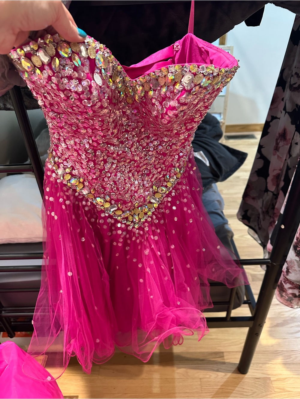 Mori Lee Hot Pink Sequin Embellished Tulle homecoming dress size 0 with corset